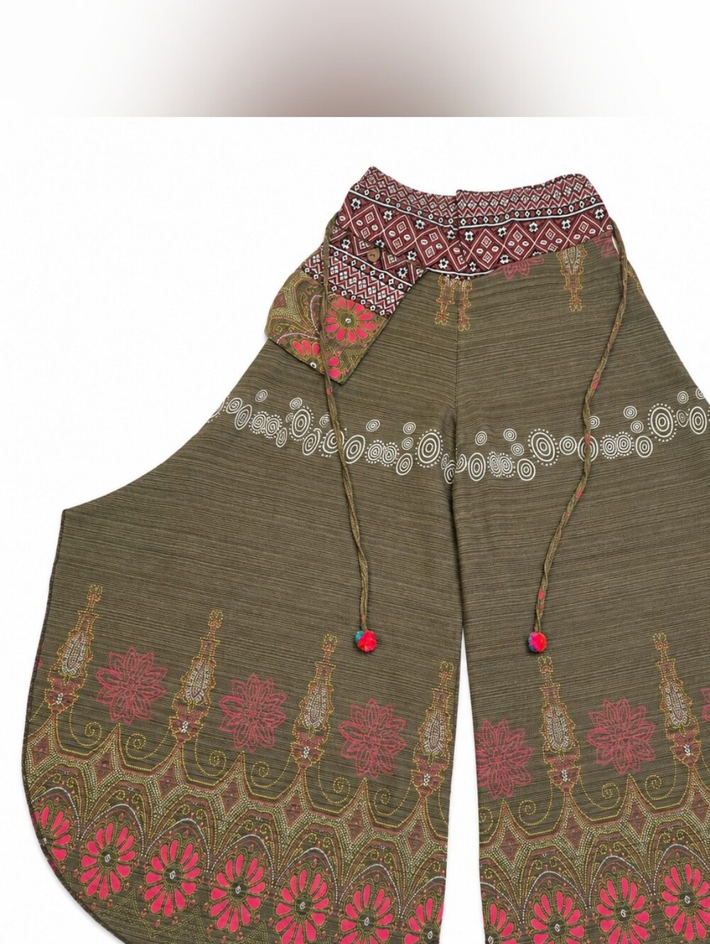 Olive Wide-Leg Embroidered Palazzo Pants with Pink Accents